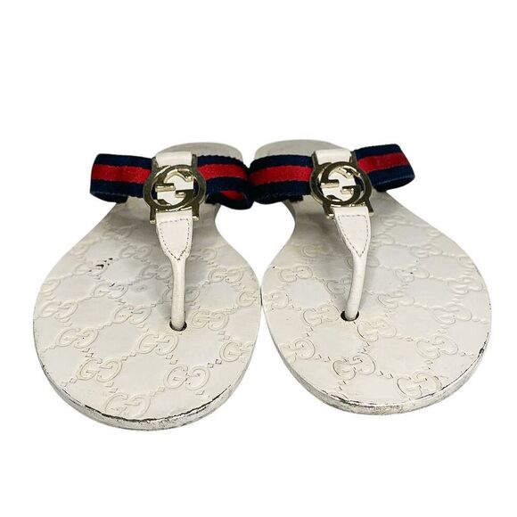 Gucci GG Web Stripe Thong Sandals EU 38.5 US 8.5 White Flip Flop Slide Flat Heel - Picture 3 of 12